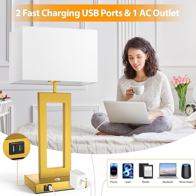 3 Way Dimmable Table Lamps for Bedrooms Set of 2, 27.2’’ Super Tall Modern Gold Lamps for Living Room Nightstand End Tables, Button Touch Control Bedside Lamps with 2 USB Ports, E26 Bulbs Included