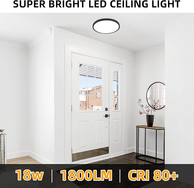 Hlite 4pack 9 Inch Flush Mount LED Ceiling Light Fixture,18W 1800LM Super Slim Light Fixtures Ceiling Mount 3000K/4000K/5000K 3CCT Selectable,Ceiling Light Fixtures for Kitchen,Bedroom (Black)