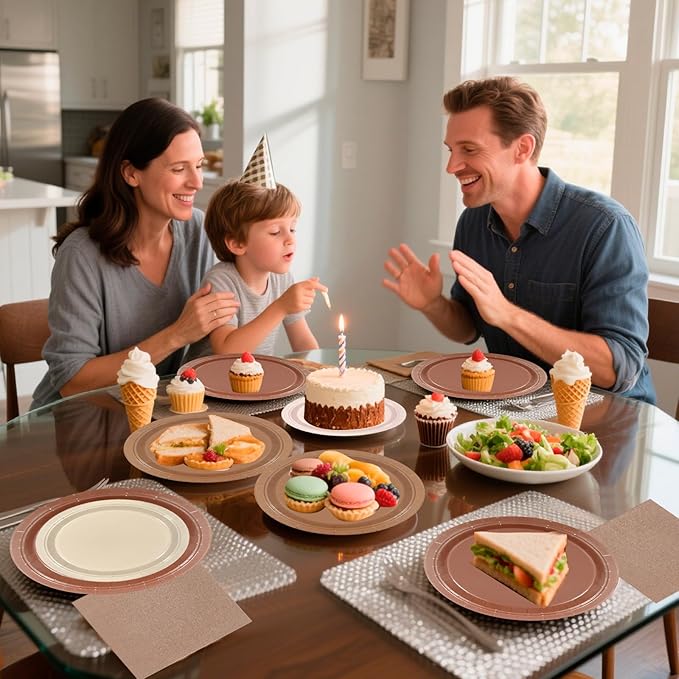 180Pcs Brown Paper Plates Party Supplies Boho Paper Plates and Napkins Serve 60 Disposable Tableware Set for Birthday Party Decorations Game Day Family School Holiday Sports Events