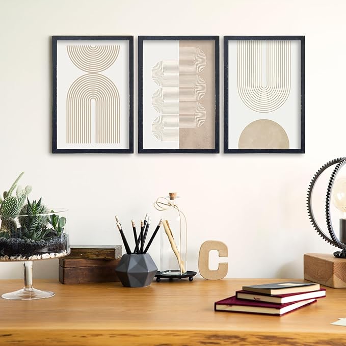 Wall Art Set of 3 Geometric Beige Spiral Wave 16"x11" Wooden Framed Mid Century Organic Abstract Neutral Sign Prints Nordic Boho Office Living Room Master Bedroom Wall Hang Decor (Black)