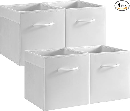 StorageWorks White Storage Cubes, 11-inch Leather Bins with Handle, Cube Organizer Baskets for Shelves and Closet, Collapsible Storage Bins, 4-Pack