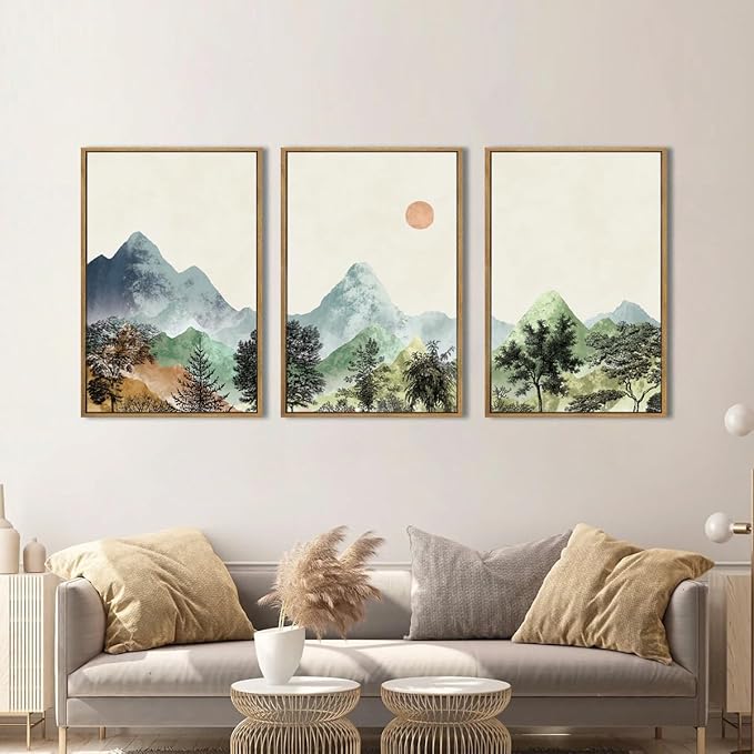 ANHUIB Mountain Wall Art 16x24 Inch Watercolor Landscape Wall Decor Sun Forest Painting Minimalist Pine Tree Artprint Nature Illustration Set of 3 for Living Room Dining Room Office