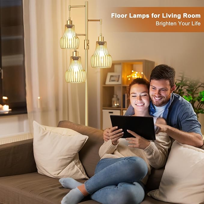 Dimmable Gold Floor Lamps for Living Room, 70" Farmhouse Tree Standing Tall Lamps with 3 Elegant Cage Shade & 800 Lumens LED Bulbs for Bedroom Office