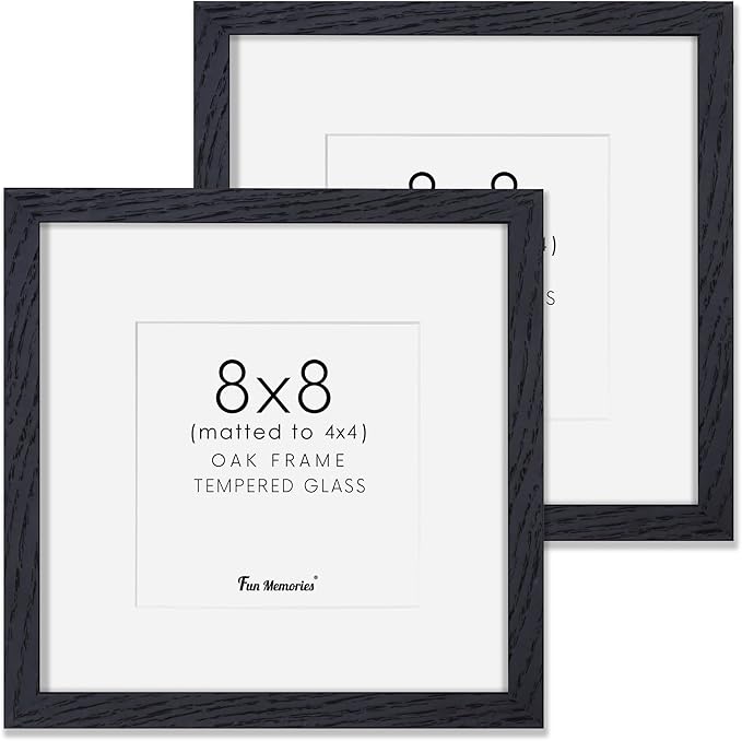 Rustic Oak 8x8 Picture Frame, Solid Oak Wood, 8"x8" Square Photo Frame with Tempered Glass, Matted to 4"x4", Black, Set of 2