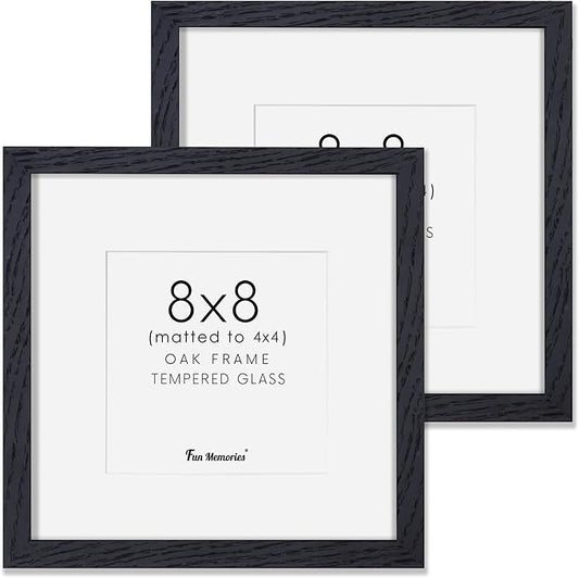 Rustic Oak 8x8 Picture Frame, Solid Oak Wood, 8"x8" Square Photo Frame with Tempered Glass, Matted to 4"x4", Black, Set of 2