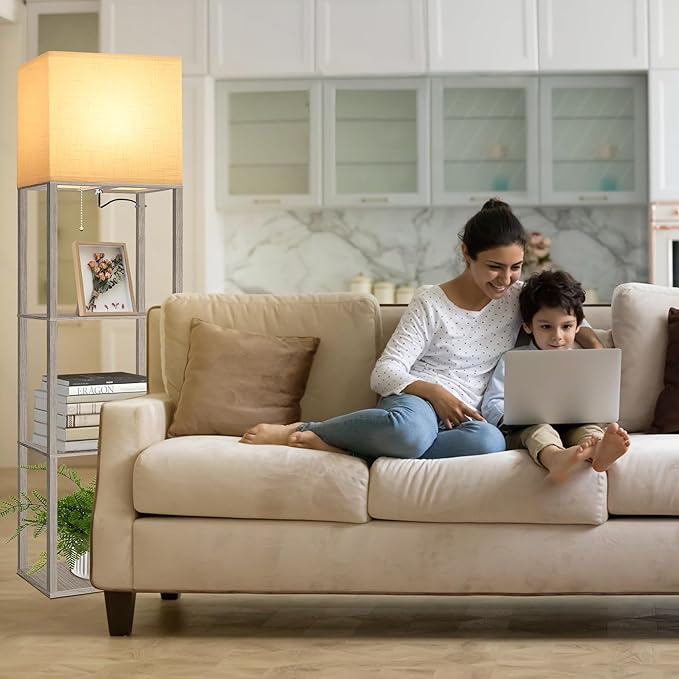 Dott Arts Floor Lamp with Shelves, Wide Floor Lamps for Living Room Display Shelf Lamps with 3 Color LED Bulb,Storage Wood Modern Floor Lamp for Bedroom Standing Lamp for Living Room Office（Grey）