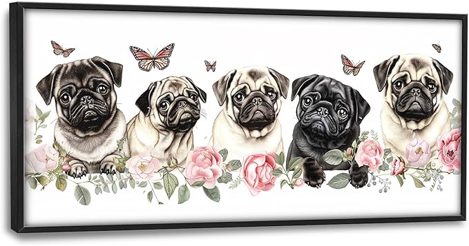 Flintis Large Pug Wall Art Dog Butterfly Pictures Wall Decor Abstract Animal Canvas Painting Print Artwork Decoration Framed for Living Room Bathroom Master Bedroom Office Dining Room 60L x 30W