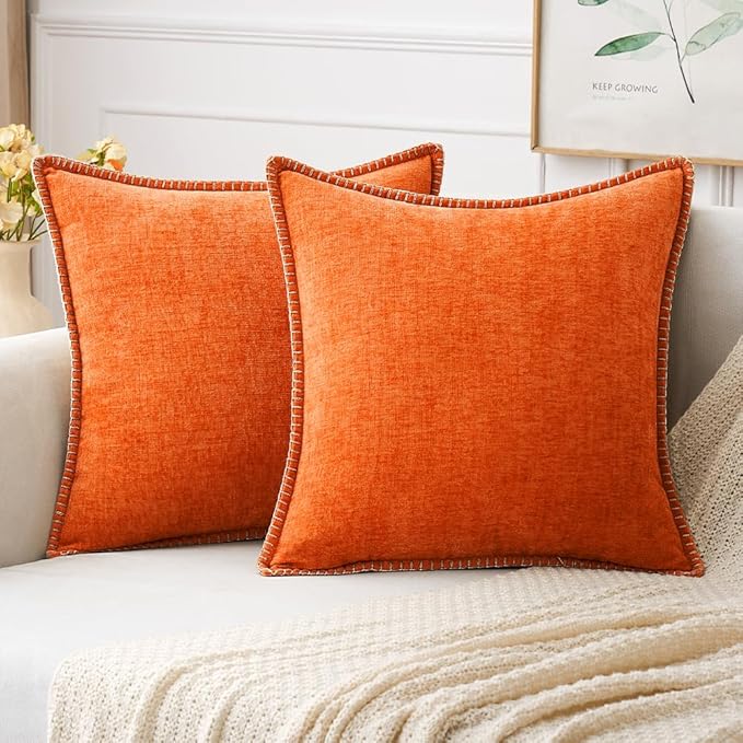 MIULEE Pack of 2 Fall Couch Throw Pillow Covers 18x18 Inch Bright Orange Farmhouse Decorative Pillow Covers with Stitched Edge Soft Chenille Solid Dyed Pillow Covers for Sofa Bed Living Room