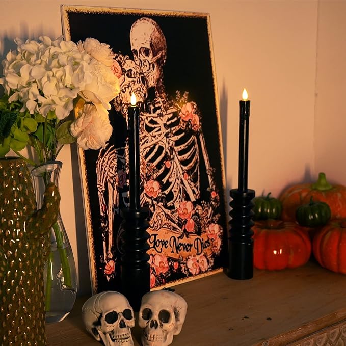 Homemory Black Flameless Taper Candles with Remote and Timer, Real Wax LED Taper Candles Battery Operated, Flickering Candle Sticks for Party Halloween Indoor Decoration, 6 Pcs, 9.6 inches