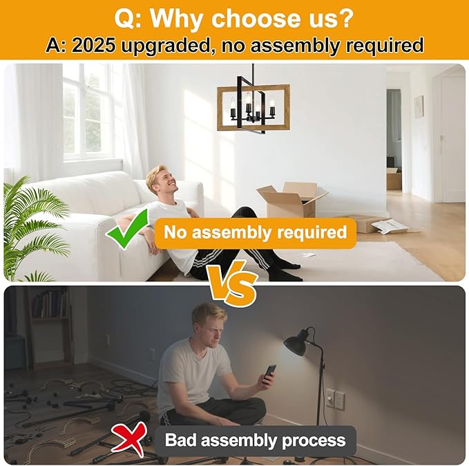 17" Farmhouse Wood Chandelier, (4-Light, 17-Inch), Rustic Dining Room Light Fixtures Over Table, Adjustable Hanging Light Fixture for Kitchen, Living Room, Foyer, Entryway