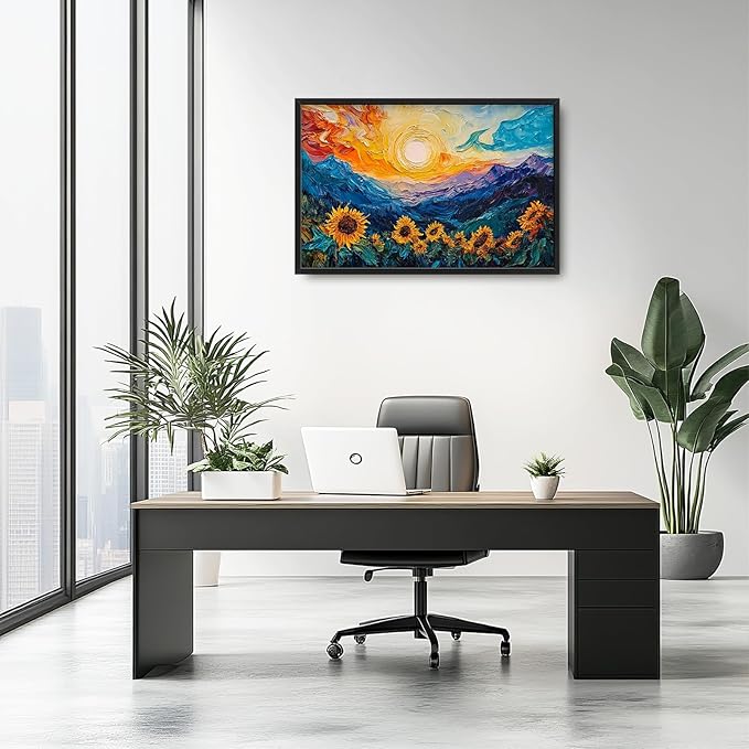 Sunflowers Framed Wall Art for Living Room, Large Flowers Canvas Wall Decor, Vintage Florals Pictures Painting, Modern Landscape Artwork for Bathroom Bedroom 36L'' × 24W''