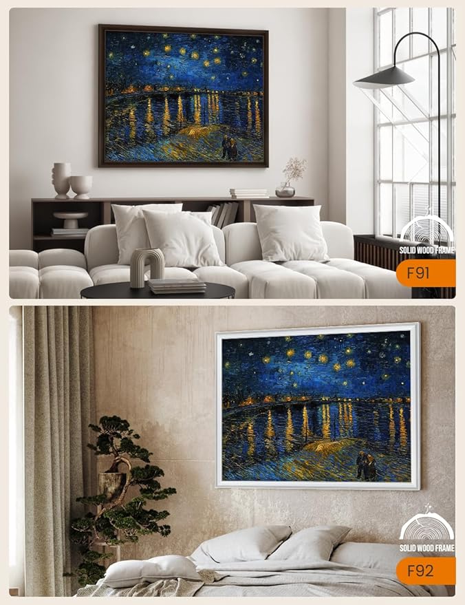 DECORARTS - Starry Night Over The Rhone by Vincent Van Gogh Art Reproduction. Oversize Solid Wooden Frame Matching with Giclee Prints Canvas Wall Art. Total framed size: 43x35