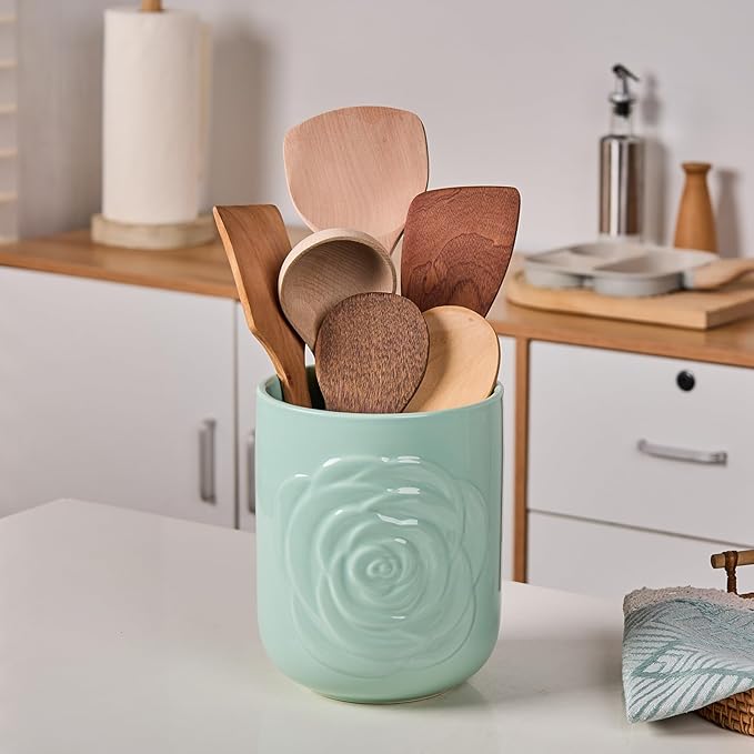 Light Green Ceramic Utensil Holder Set of 2 - Rose Carved Design, Kitchen Countertop Utensil Organizer for Spatula, Spoon & Cooking Tools, Large (7.5") & Small (5.5"), Farmhouse Kitchen Counter Decor
