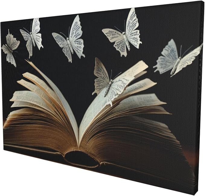 Olivine Butterfly Large Wall Art, Book Pictures Wall Decor, Bookish Butterfly Painting, Reading Nook Canvas Prints, Framed Artwork for Dining Room Living Room Bedroom Library Office Home Decor 36"x24"