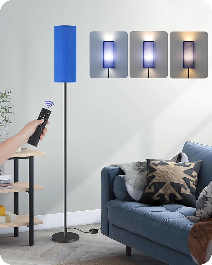 Dimmable Blue Floor Lamp for Living Room with Remote and Foot Switch, Corner Floor Lamp for Bedroom, 64.4" Standing Tall Lamp, 10W 900LM Bulb Included, 3000K-6500K, Linen Shade, FCC Listed U06LD05W1
