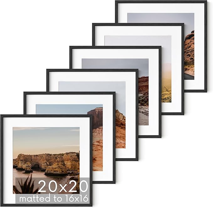 HAUS AND HUES Solid Oak Wood 20”x20” Picture Frames Matted to 16”x16” Set of 6-20x20 Black Square Frames for Gallery Wall, Square Picture Frames, 20 x 20 Wood Picture Frames with Mat