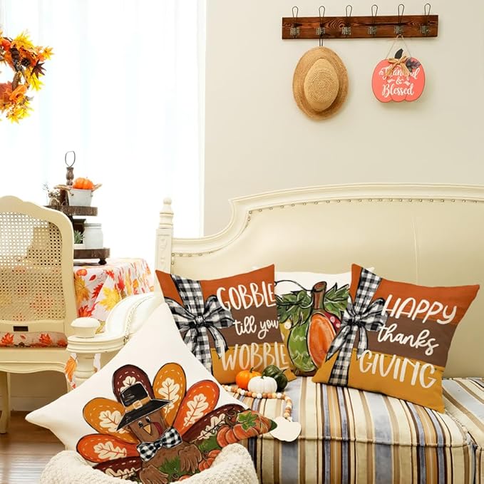 GEEORY Happy Thanksgiving Throw Pillow Covers 20x20 Inch Set of 4, Turkey Gobble Pumpkin Striped Fall Farmhouse Decorative Holiday Decoration for Home G568-20