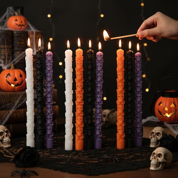 Nuanchu 12 Pack Halloween Skull Taper Candles 10 Inch Unscented Dripless Skeleton Candles for Halloween Party Decor, Table Centerpiece, Gothic Home Decoration, Spooky Gifts