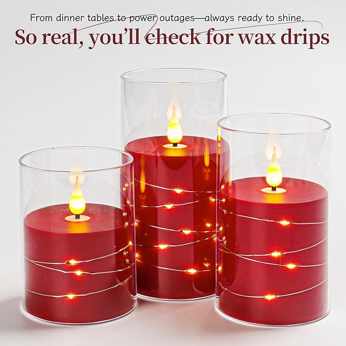 Da by Flickering Flameless Candles with Remote,Acrylic LED Candles with Embedded Star String,Battery Operated Candle, for Home and Holiday Decoration Set of 3（Red）