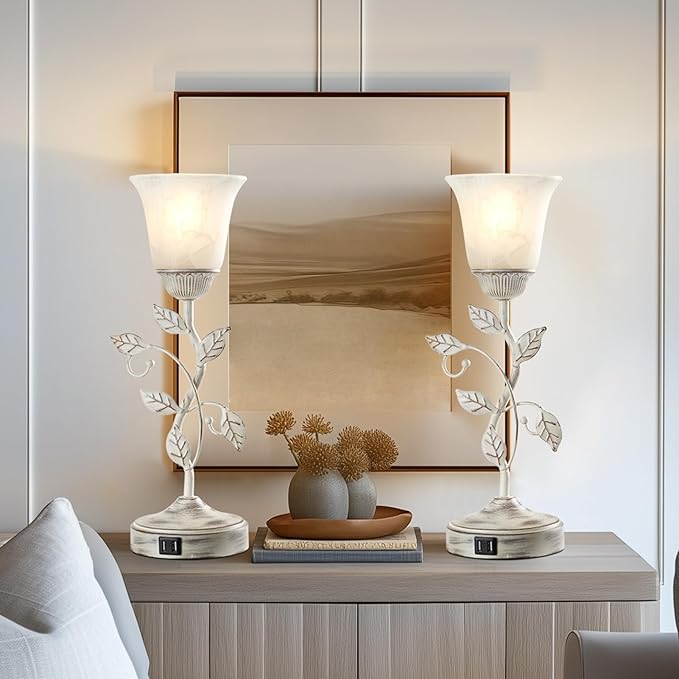 RORIANO Set of 2 Rustic Touch Table Lamps for Bedroom, 3-Way Dimmable Nightstand Flower Lamp with 2 USB Ports, Retro White Glass Shade Leaf Lamp for Living Room Entryway, 2 LED Bulb Included