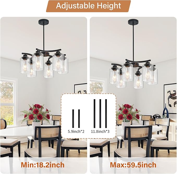 6-Light Modern Farmhouse Black Chandeliers for Dining Room,20.8" Kitchen Island Black Chandelier Over Table,Adjustable Height Hanging Pendant Lights,Clear Glass Shade Ceiling Light Fixture
