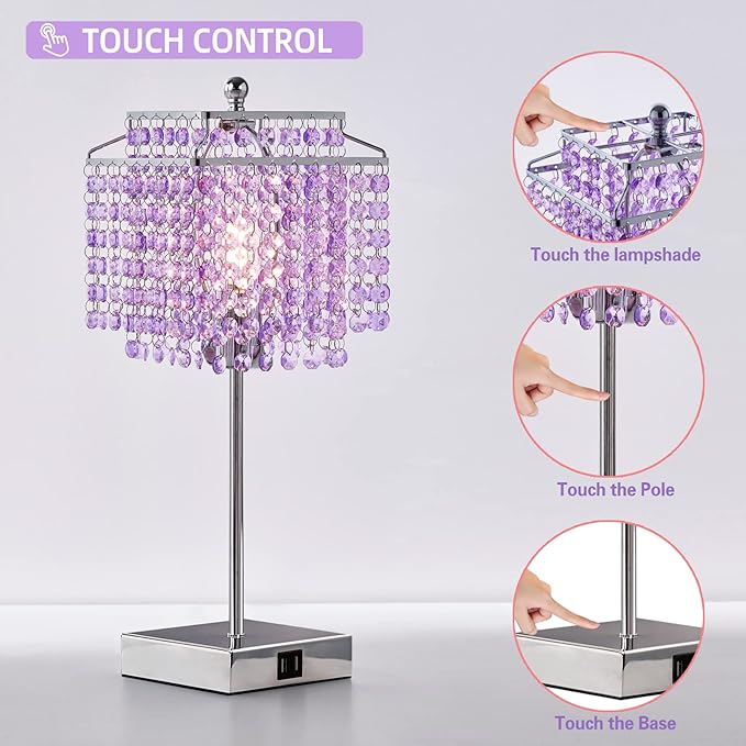 Luvkczc Purple Bedside Crystal Table Lamp Set of 2, Touch Control Lamps, 3-Way Dimmable Lamp with Crystal Shade for Bedroom, Girl Living Room, 6W B11 Bulb Included