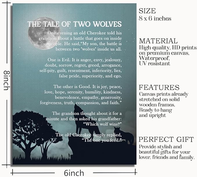 Wolf Wall Art, Wolf Poster, The Tale of Two Wolves, Wolf Décor, Canvas Wall Art Inspirational Quote Decor, Wolf Gifts, Wolf Canvas Wall Art, Native American Wall Art, Native American Art 8x10 inch