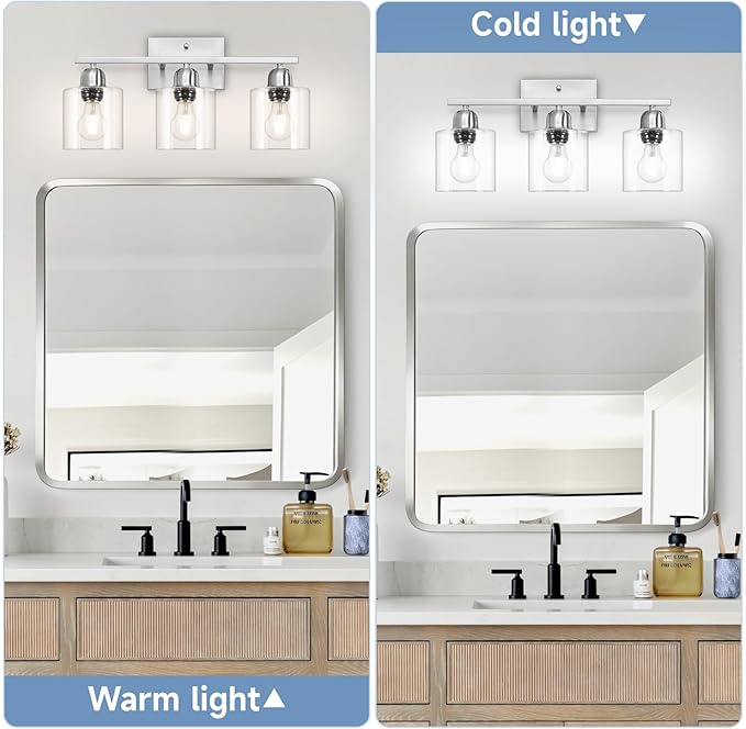 Brushed Nickel Bathroom Light Fixture, 3 Light Vanity Lights for Bathroom, Bath Lights with Clear Glass, E26 Socket