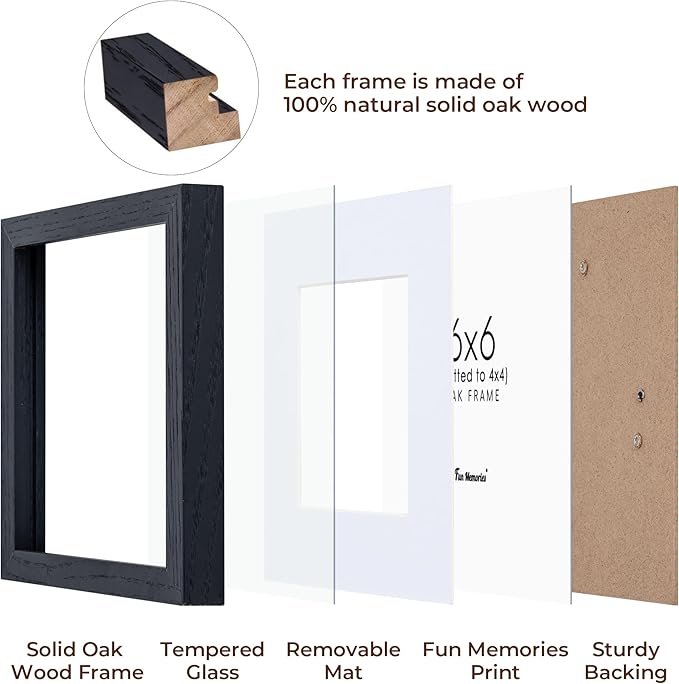 6x6 Picture Frames, Solid White Oak Wood Frame 6 x 6 with Stand for Wall & Tabletop Display, Rustic Wooden Photo Frame 6 by 6 with Real Glass, 6x6 Frame Matted to 4x4, Black Color, Set of 2