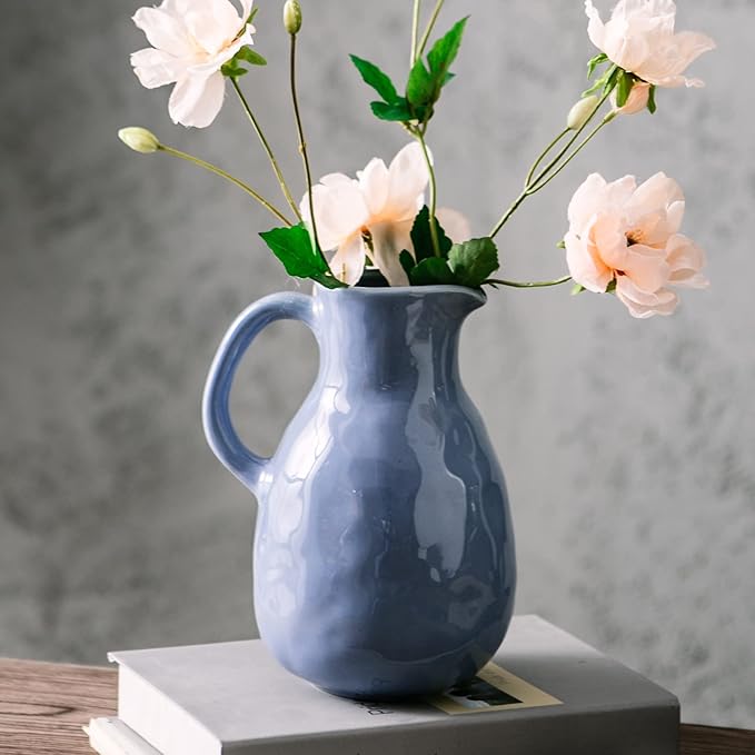 Kimdio Blue Ceramic Vase with Handle, Modern Pitcher Vase for Home Decor, Nordic Pottery Vase, Decorative Flower Vase, Clay Vase, Centerpieces for Living Room