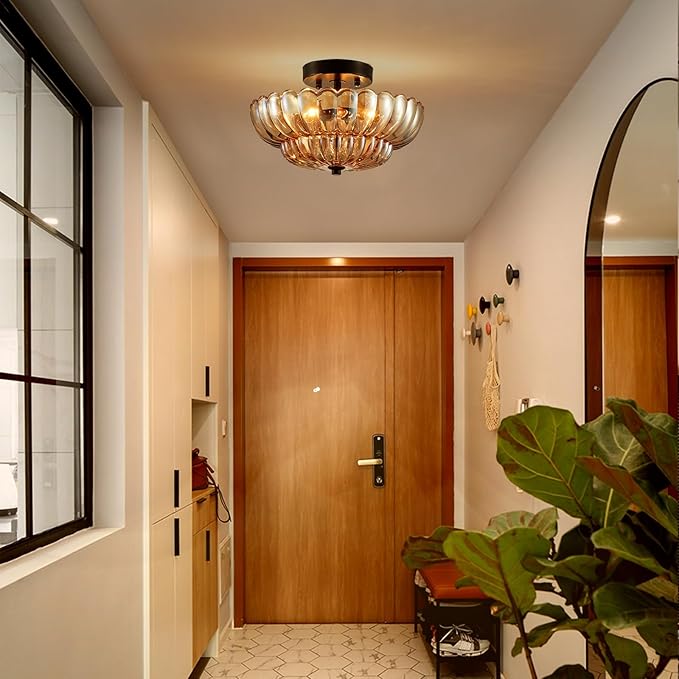 XINGQI Modern Ceiling 3-Light Amber Glass Semi Flush Mount Ceiling Light Fixture Small Close to Chandelier for Living Room Dining Room Bedroom Entryway Hallway