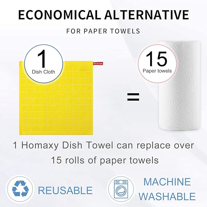 Homaxy 100% Cotton Terry Kitchen Dish Cloths, Ultra Soft and Absorbent Dish Towels for Kitchen, Perfect for Drying and Washing Dishes, 12 Pack, 12 x 12 Inches, Yellow