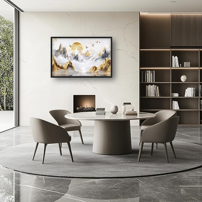 Extra Large Framed Abstract Mountain Wall Art,Golden Silver Sun Bird Wall Decor,Mountain Landscape Pictures for Living Room,Canvas Print Painting Modern Artwork Bedroom Office Bathroom 36L x24W