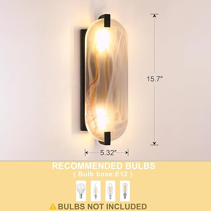 2 Pack 2 Light Oval Red Frosted Glass Bathroom Wall Sconce Modern Concise Style Wall Light Fixture,Black Finish for Bedroom Hallway Bedside