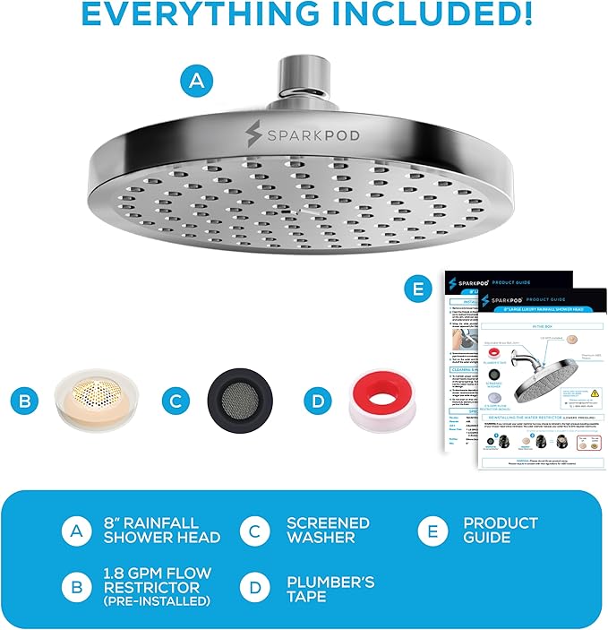 SparkPod Shower Head - High Pressure Rain - Premium Quality Luxury Design - 1-Min Install - Easy Clean Adjustable Replacement for Your Bathroom Shower Heads (Luxury Polished Chrome, 8 Inch Round)