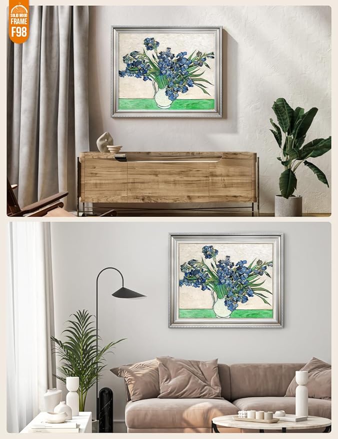 DECORARTS - Vase with Irises1889, Vincent Van Gogh Art Reproduction. Acid Free Cotton Canvas Giclee Print w/Bronze Frame&Mat for Wall Decor.