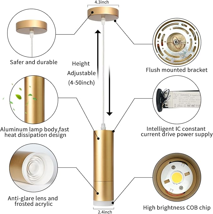 OKELI Modern Pendant Lights,Gold LED Mini Kitchen Island Lights Adjustable Focus Pendant Lighting for Kitchen Island Bedroom Dining Room Bar Shop,20W,4000K,ETL5026458(3 Pack)