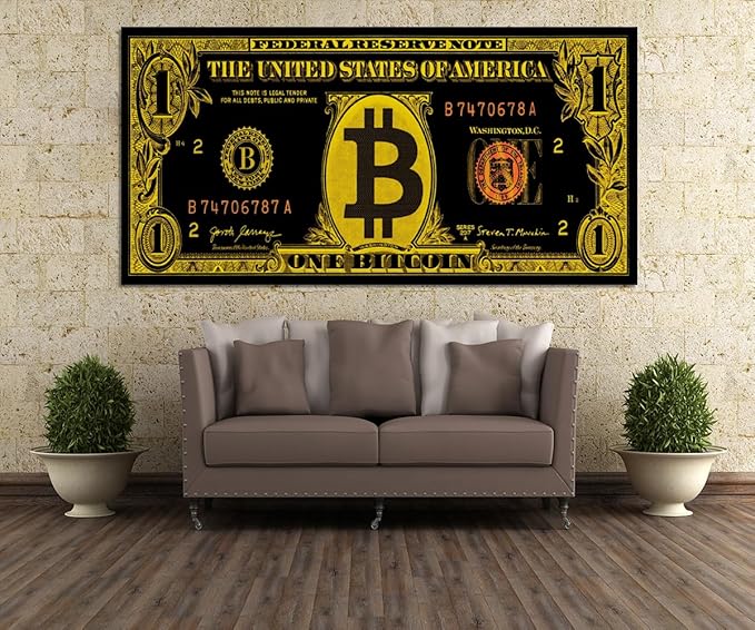 Extra Large Modern Home Living Room Decor Bitcoin Canvas Wall Art Black Golden Retro Money Artwork Poster and Prints Framed Easy to Hang-48x24 inches