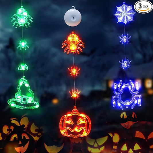 suddus 3 Pack Halloween Lights Battery Operated with Timer, Orange Pumpkin Violet Spider Green Witch Hat Halloween Decor Window Lights with Suction Cup for Home Indoor Party Decorations