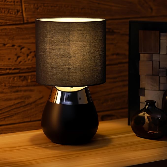 Small Modern Touch Eye Protection Bedside Table Lamp, 7 x 7 x 12 Inch Dark Blue Metal Base Table Lamp for Bedrooms and Office (Dark Blue Fabric Lampshade)