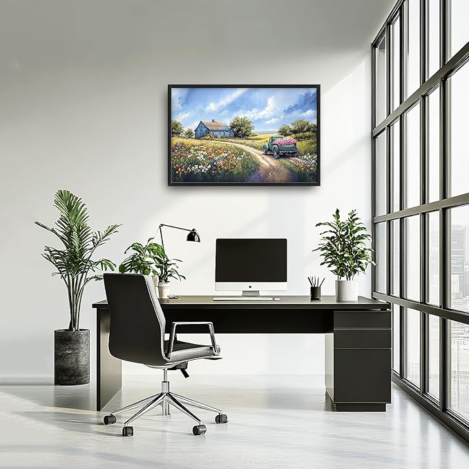 Flintis Large Farmhouse Barn Framed Wall Art Country Green Truck Flowers Pictures Wall Decor Abstract Canvas Painting Print Artworks Decor Framed for Living Room Bathroom Master Bedroom 36L X 24W