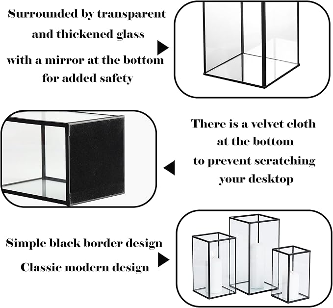 Hurricane Candle Holder 3 PCS, Black Glass Candle Holder Square Hurricane Candle Centerpieces for Tables Decorative, Wedding, Party