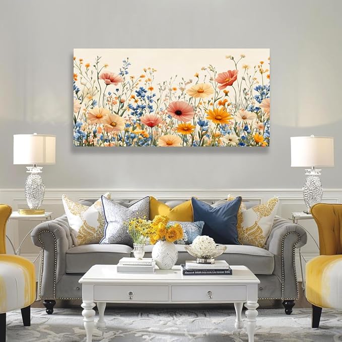 KZKU Floral Canvas Wall Art Wildflower Garden Print 30x58 inches Pink Yellow Blue Watercolor style Flower Picture for Bedroom Living Room Artwork Home Wall Decoration