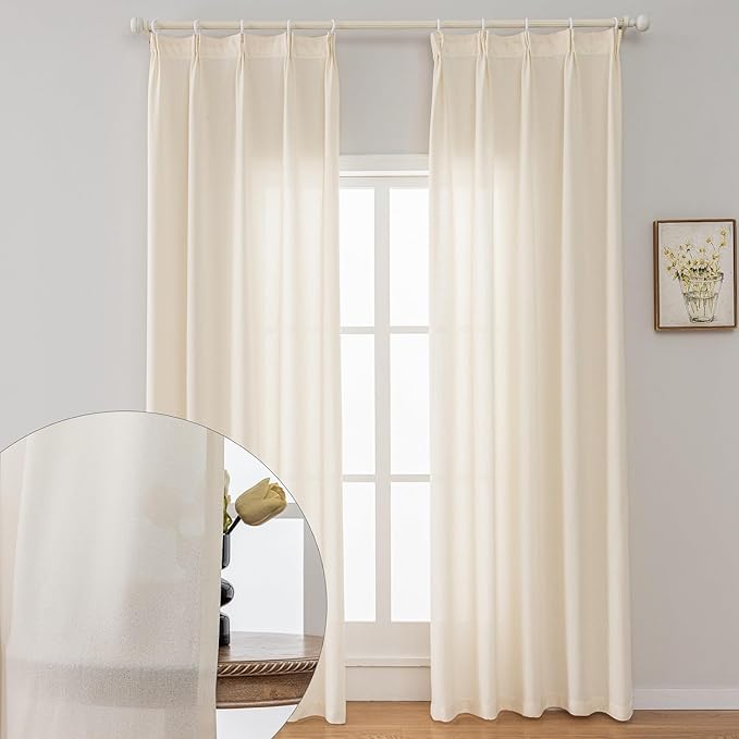 Cream Faux Linen Curtains 96 Inches Long, Thick Semi Sheer Light Filtering Drapes for Living Room Bedroom Window, 2 Panels Set DIY Pinch Pleat Sliding Glass Door Curtain Boho Beige