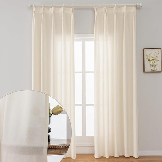Cream Faux Linen Curtains 96 Inches Long, Thick Semi Sheer Light Filtering Drapes for Living Room Bedroom Window, 2 Panels Set DIY Pinch Pleat Sliding Glass Door Curtain Boho Beige