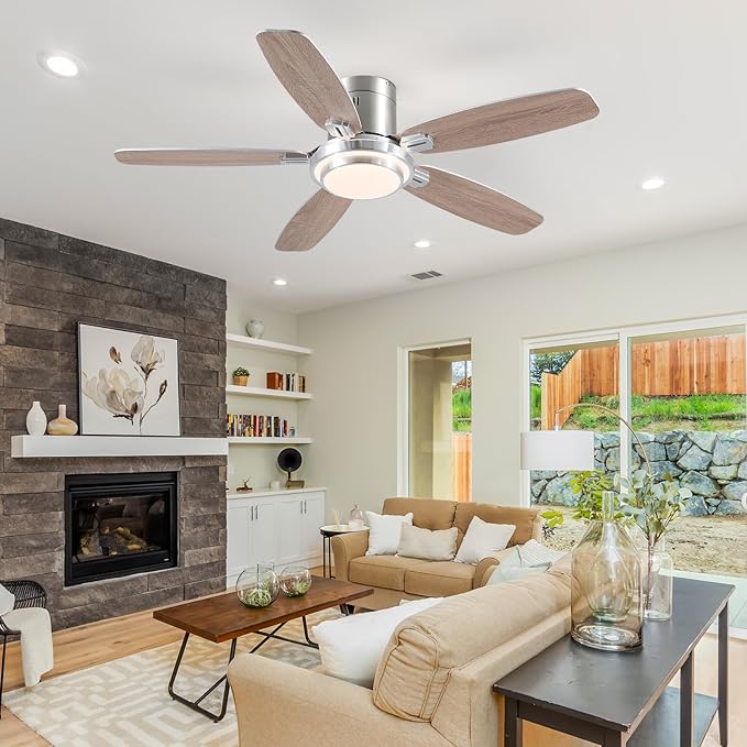 Low Profile Ceiling Fan with Lights and Remote/APP, 50 Inch Modern Flush Mount Ceiling Fan with 3CCT 6-Speeds Quiet DC Motor,Dimmable 3-Color Temperatures for Living Room Bedroom(Nickel)