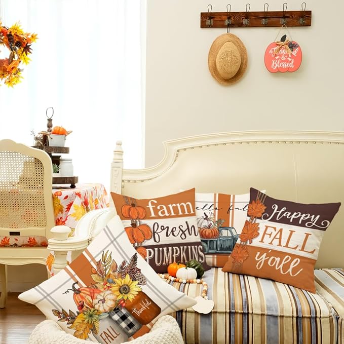 GEEORY Fall Pillow Covers 16 x 16 Inch Set of 4, Happy Fall Y'all Stripes Pumpkins Mason Jar Thankful Decor, Cushion Cases for Farmhouse Home Party Sofa Couch (Brown) G355-16