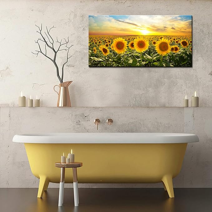 Biuteawal Sunflower Canvas Print Wall Art Sunset Landscape Pictures Flower Field Artwork Modern Painting for Home Kitchen Bedroom Dining Room Stretched and Framed Ready to Hang