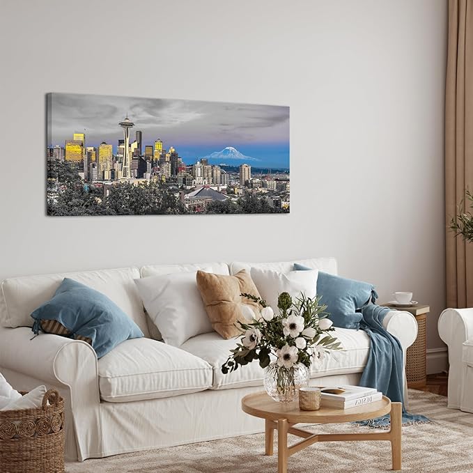 Fochorlo Seattle Wall Art City Skyline Picture Black and White Blue Wall Decor For Bedroom Living Room Office Gallery Wrapped 20"x48"