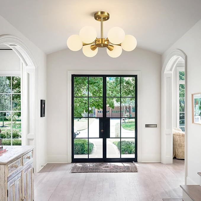 Mid Century Modern Ceiling Light with Milk White Glass lampshade Gold Semi Flush Mount Ceiling Light Fixture Sputnik Chandelier for Bedroom Living Room Dining Room Foyer Hallway(6-Lights)